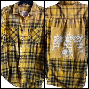 Mossimo Y2K Upcycled Aztec Thunder Bird Yellow Black Bleached Plaid Shirt L